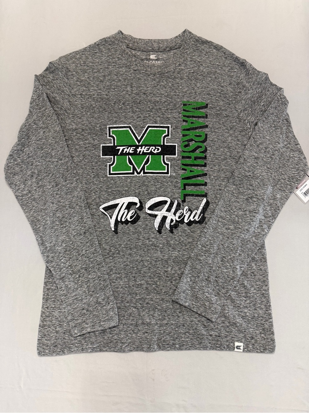 Colosseum Marshall The Herd Grey Long Sleeve Shirt with Green & White Logo